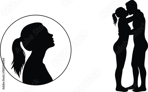 Silhouette couple, romantic embrace, forehead kiss, love illustration, relationship concept, intimacy moment, affectionate pose, people together, romance art, emotional connection