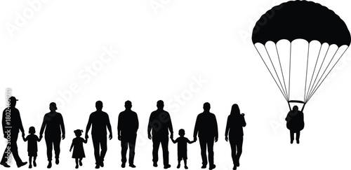 Silhouette family, children, parents, people, human figures, parachute landing, teamwork, unity, lifestyle, generation, diversity, outdoor, concept, illustration, 