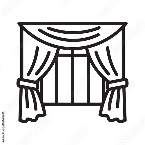 Minimalist outline icon depicting a window dressed with elegant drapes and valance.