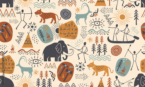 Prehistoric Vector Seamless Pattern Cave Drawing
