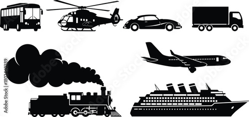 Silhouette illustration of transportation vehicles, bus, car, truck, train, airplane, helicopter, cruise ship, travel concept, vector design, artwork