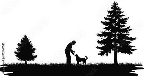 Silhouette man with dog, outdoor nature scene, forest trees illustration, human animal bond, peaceful park design, black vector art, companionship