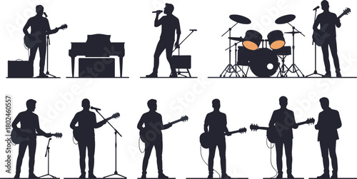 Silhouette musicians performing with instruments, live band illustration, guitarist drummer singer bassist pianist, concert performance, music group rehearsal, stage entertainment