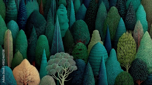 Abstract Forest of Stylized Trees in Deep Teal and Emerald Green Hues nature photo