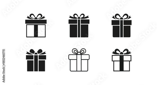 Set of simple black and white gift box icons with ribbons and bows