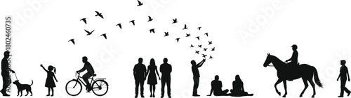 Silhouette people illustration, outdoor activities, family with dog, cyclist, group of friends, horse rider, birds flying, community, leisure, nature