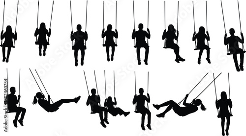 Silhouette people swinging on swings, group of children and adults, playground activity, leisure fun, motion movement, outdoor recreation, lifestyle concept