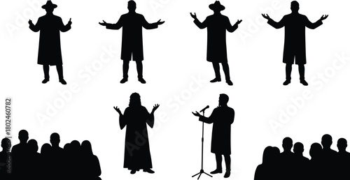 Silhouette people, public speaking, performance, audience communication, preacher, singer, group discussion, presentation, leadership, teamwork, motivation, education,