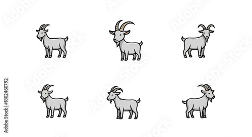 Six playful goats standing in a row on a white background