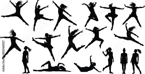 Silhouette, dancer, gymnastics, fitness, yoga, stretching, balance, choreography, performance, athletic, movement, flexibility, jumping, exercise, training, sport, body, pose, dance, motion