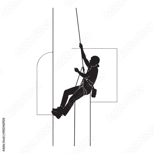 Silhouette of Rock Climber Rappelling Down with Gear Vector Illustration