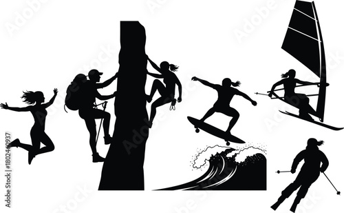 Silhouette, extreme sports, outdoor adventure, rock climbing, skateboarding, windsurfing, skiing, surfing wave, athletic movement, fitness, action, balance, performance, recreation, lifestyle