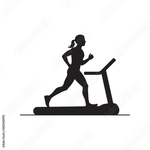 Woman Running on Treadmill Silhouette, 
Gym Cardio Training , Fitness Exercise Workout Design on white background