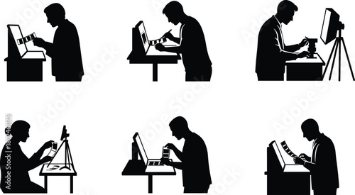 Silhouette, people, inspecting, film, negatives, photography, darkroom, analog, retro, vintage, camera, development, archival, process, technology, examining, magnifying,