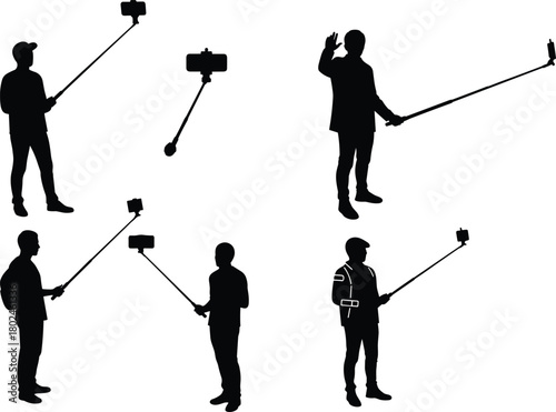 Silhouette, people, using, selfie, stick, smartphone, photography, travel, tourist, lifestyle, modern, technology, social, media, outdoor, posing, friends, gadget,