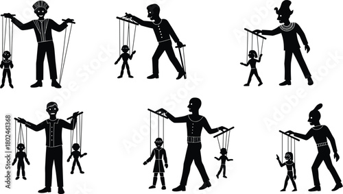 Silhouette, puppet master, control, manipulation, dominance, authority, influence, marionette, strings, hierarchy, power, psychology, society, metaphor, puppetry,