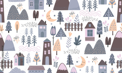 Pastel Village Vector Seamless Pattern Design

