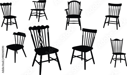 Silhouette, wooden chairs, furniture icons, classic seating, vintage design, interior decor, traditional craftsmanship, chair collection, black outline, home furnishing
