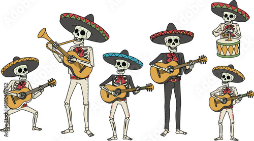 Skeleton mariachi band illustration, Day of the Dead celebration, Mexican culture, festive music performance, traditional sombreros, musicians playing instruments, cultural artwork
