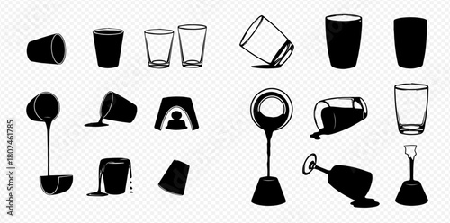 A collection of various glass and cup illustrations, some upright, some spilled, and some empty.