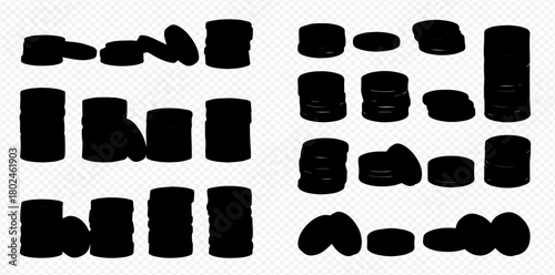 Silhouette of stacks and scattered coins on a transparent background.