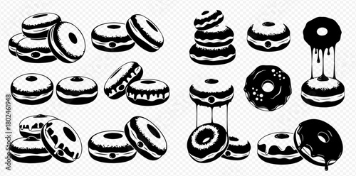 Monochrome donuts illustration: a collection of delicious-looking donuts with various toppings and arrangements.