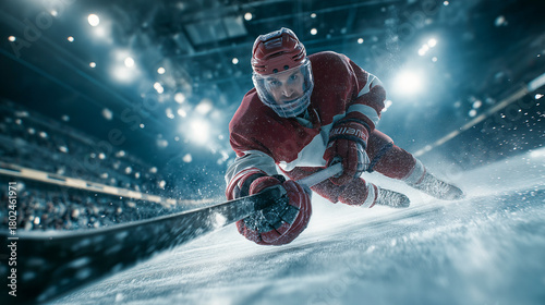 Ice hockey forward in red jersey performing intense hard stop on ice, dynamic action, dramatic lighting, competitive atmosphere, winter sport, determination