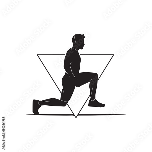 Black and White Minimalist Silhouette of a Male Athlete Performing a Lunging Exercise