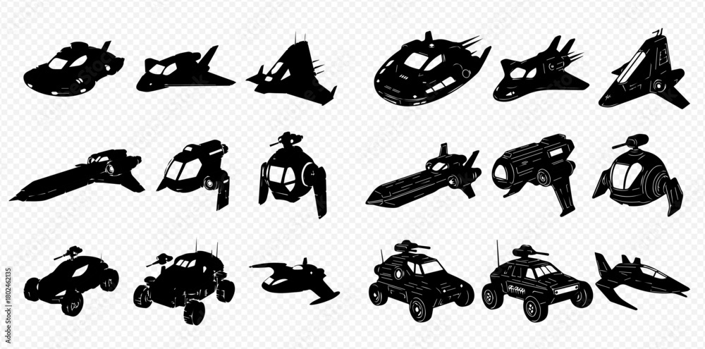 Naklejka premium A collection of futuristic vehicle silhouettes, including cars and aircraft, in a dark, stylized design.