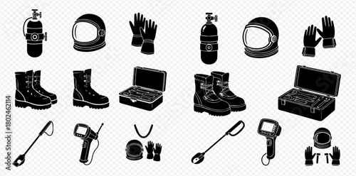 A collection of equipment, including a diving suit, boots, and a case.