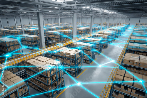 Warehouse interior with mezzanine, high angle view over multiple aisles, cardboard boxes on shelves, cyan network lines illustrate smart logistics and digital connectivity