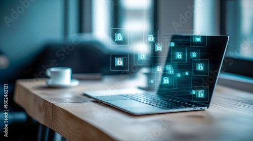 Modern workspace with clean desk, open laptop, digital security icons, soft cyan glow, and blurred background, conveying secure and minimal corporate environment