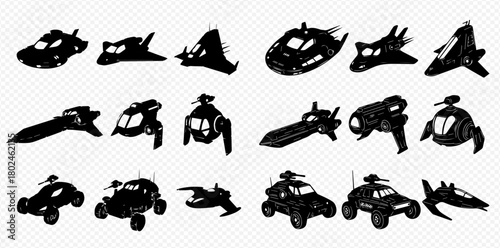 A collection of futuristic vehicle silhouettes, including cars and aircraft, in a dark, stylized design.