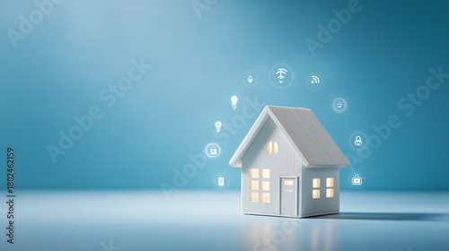 Minimal studio scene of small white wooden house model with glowing windows, surrounded by smart home technology icons on blue background, modern and innovative