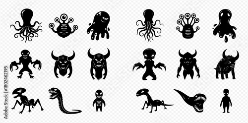 A collection of monster silhouettes, including aliens, demons, and creatures.