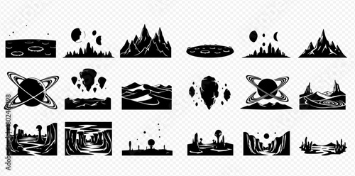 A collection of black and white vector illustrations depicting various alien landscapes and celestial bodies, suitable for game design or graphic design.