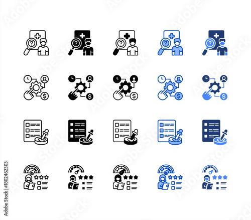 Clinical trials, Resource allocation, Lab testing, Peer review multiple style icon set.