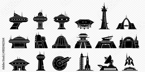 Silhouetted futuristic buildings and structures in black and white.