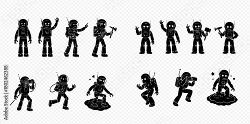 Silhouetted astronauts in various poses, including waving, running, and standing on a surface.