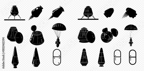 Silhouetted space capsule and rocket stages in various configurations.
