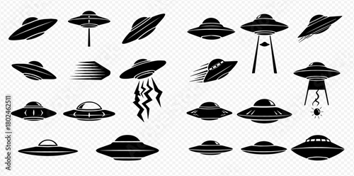 A collection of black and white UFO illustrations, showcasing various designs and perspectives of unidentified flying objects.