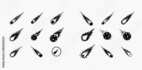 A collection of black and white drawings of comets and meteors with different shapes and sizes.