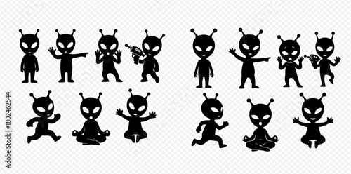 Silhouette illustrations of aliens in various poses, including standing, running, meditating, and holding a ray gun.