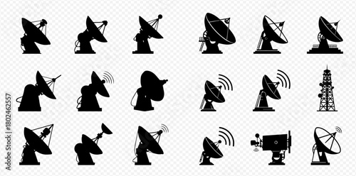 A collection of satellite dish and antenna silhouettes on a transparent background.