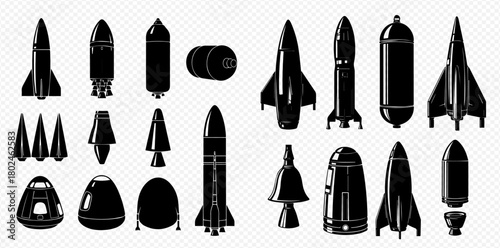 Collection of black and white rocket and spacecraft designs on a transparent background.