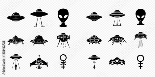 Collection of UFO and alien icons in black and white.