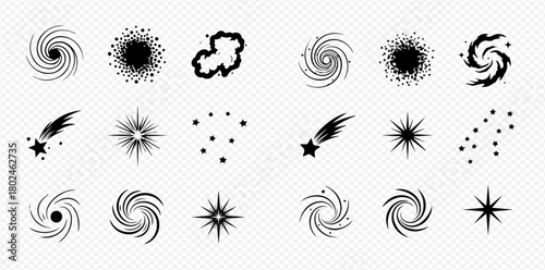 A collection of black and white space and galaxy themed vector illustrations.