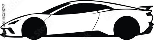 Sleek silhouette of a modern sports car in a bold black and white outline style