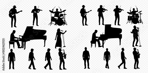 Silhouettes of musicians playing various instruments, including guitar, violin, drums, piano, saxophone, and singing into a microphone.