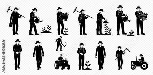 Silhouetted farmers engaging in various agricultural activities, including planting, harvesting, and operating machinery.